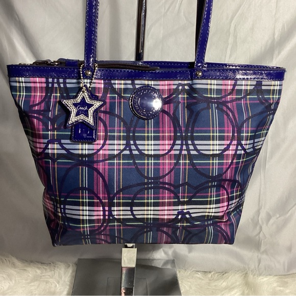 Coach Legacy Blue Plaid Sig C Canvas with Leather Shoulder Bag G1276-F20040 EUC - Picture 2 of 12